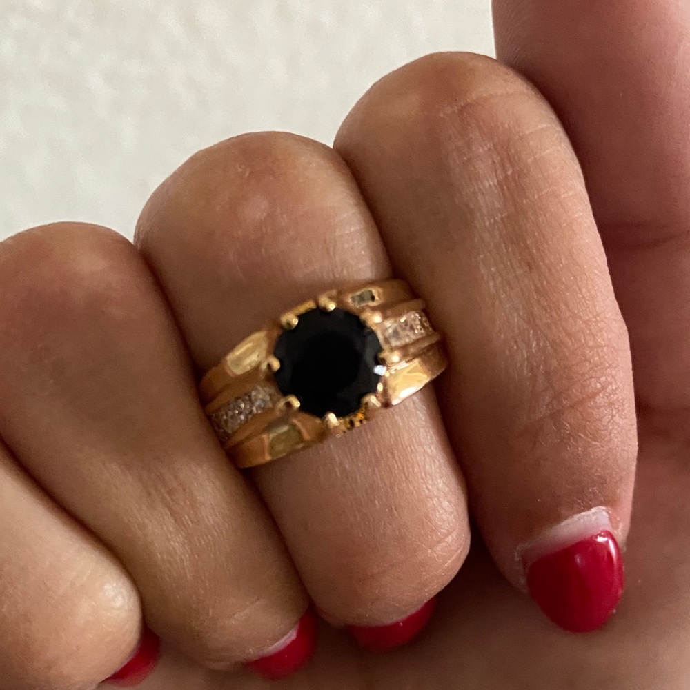 Size 6 Gold Ring with Black Stone and CZ Vintage